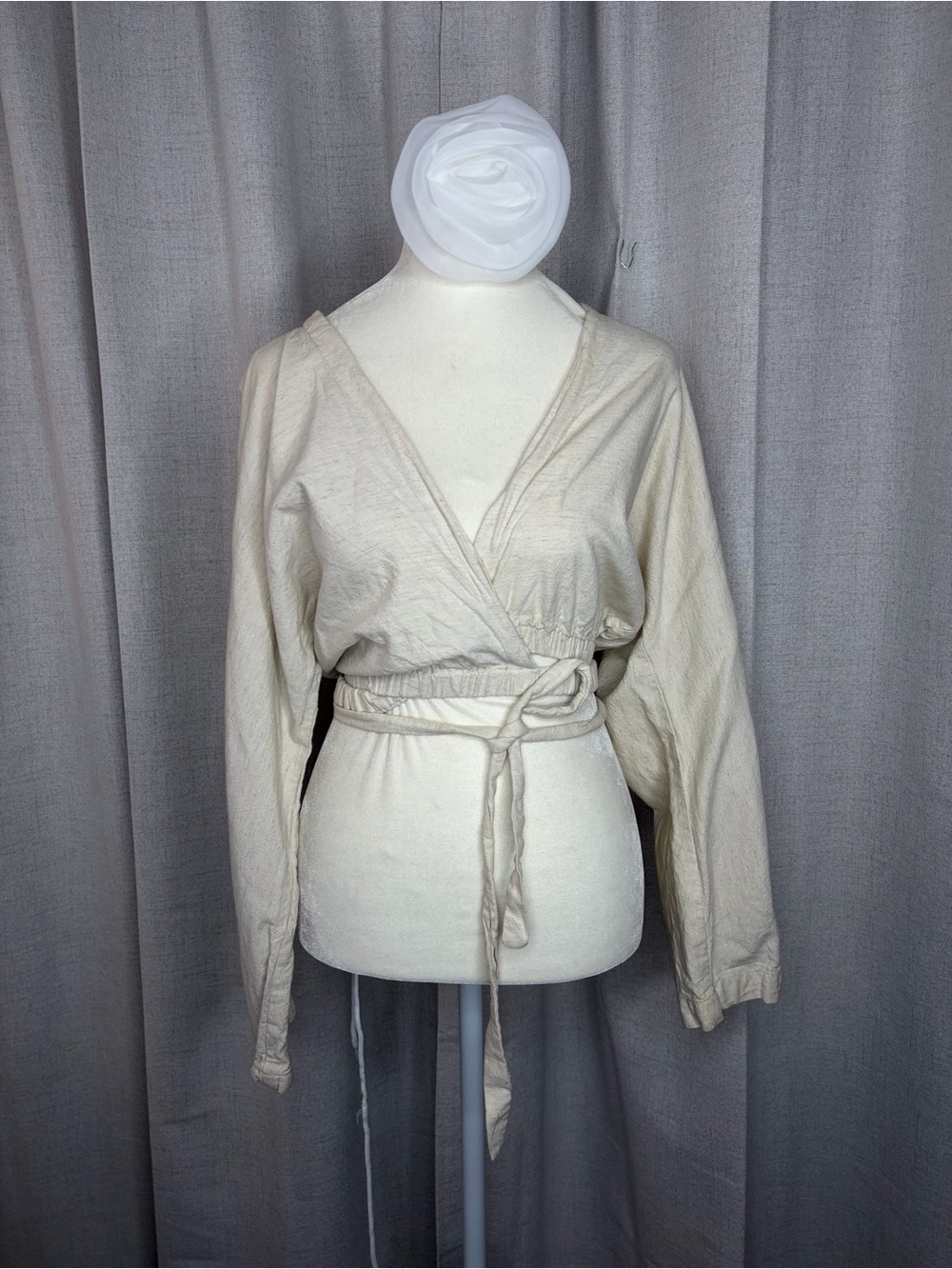 Sir. Linen Wrap-Front Tie-Waist Tunic Top in Cream